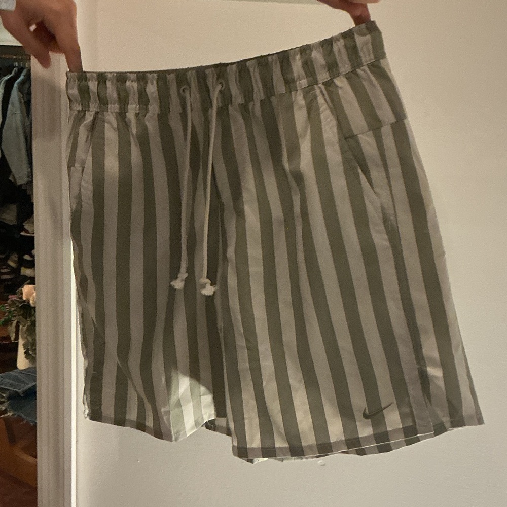Nike Men's Olive and White Striped Athletic Shorts